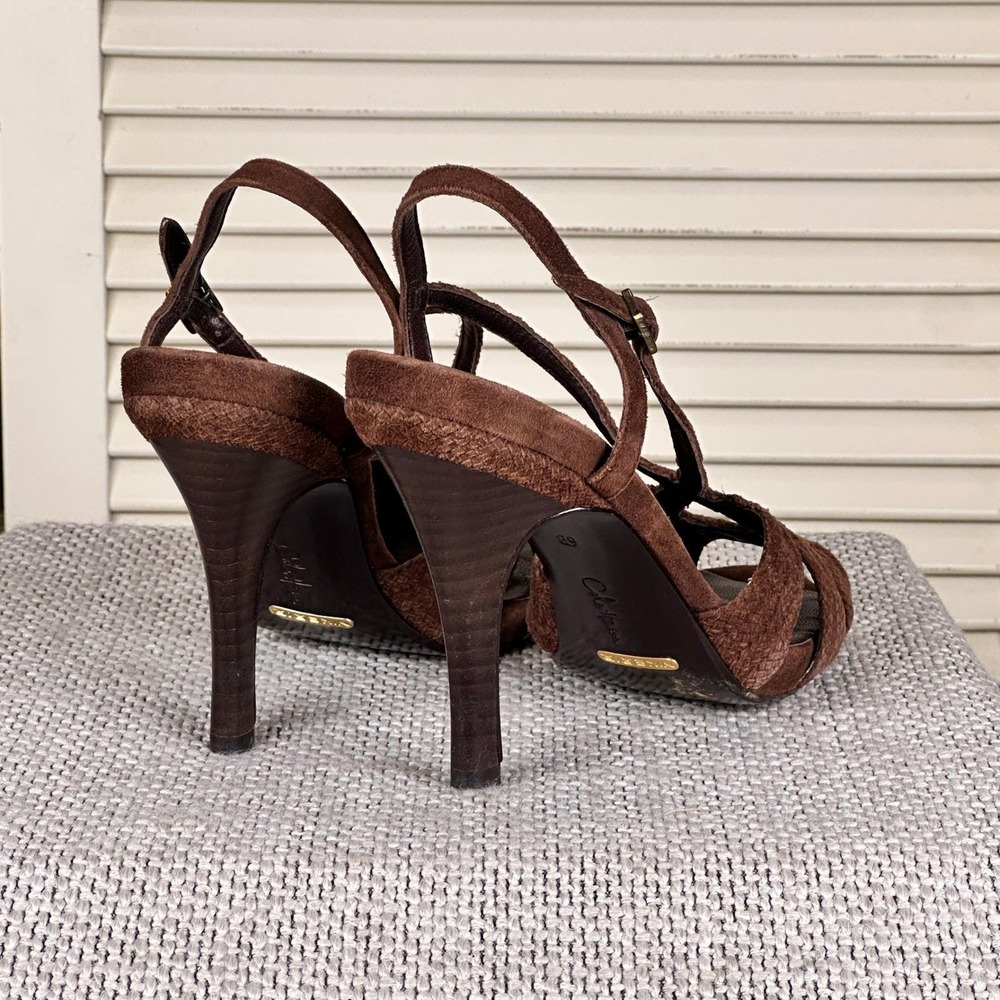 Luxe Cole Haan Brown Suede Boho Strappy Heels Braided Sandals Y2K Size 6 B - Picture 4 of 8